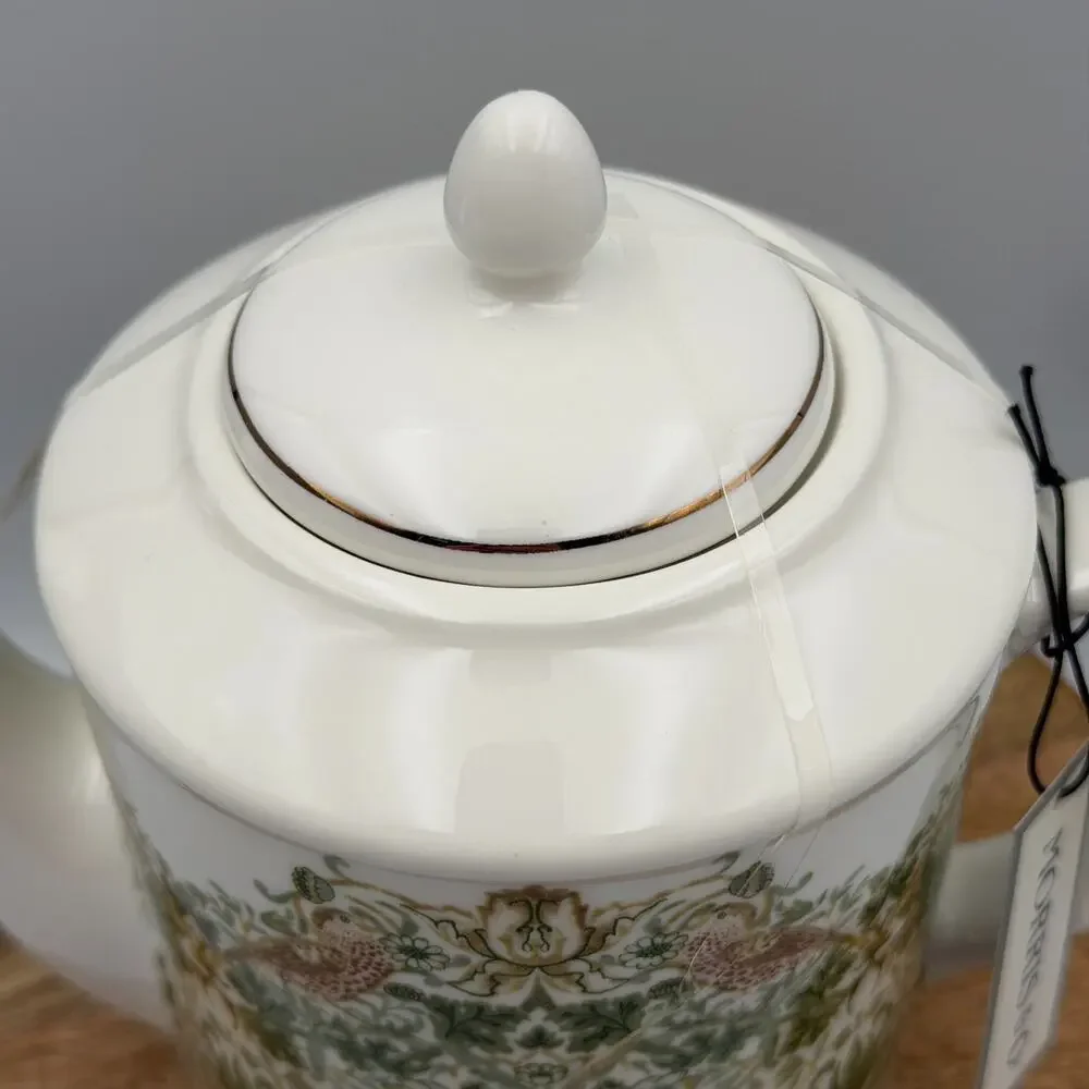 William Morris & Co Strawberry Thief White Porcelain Teapot Birds Green Tan NIP